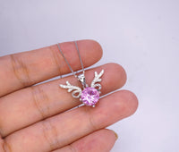 Deer Antler Pink Tourmaline Necklace - Sterling Silver 8mm Round Cut 2 Ct Pink Tourmaline Pendant #346