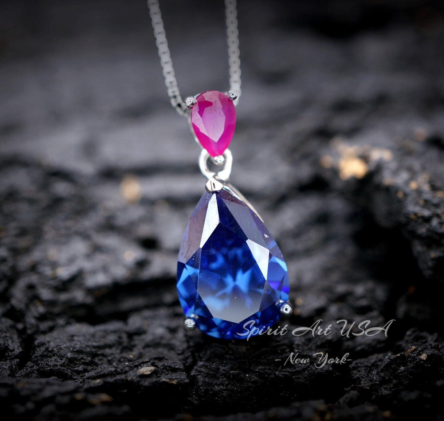 Large Teardrop Blue Sapphire Necklace - Pear Cut 7 CT Blue Sapphire Pendant 18KGP Sterling Silver - September Birthstone #858