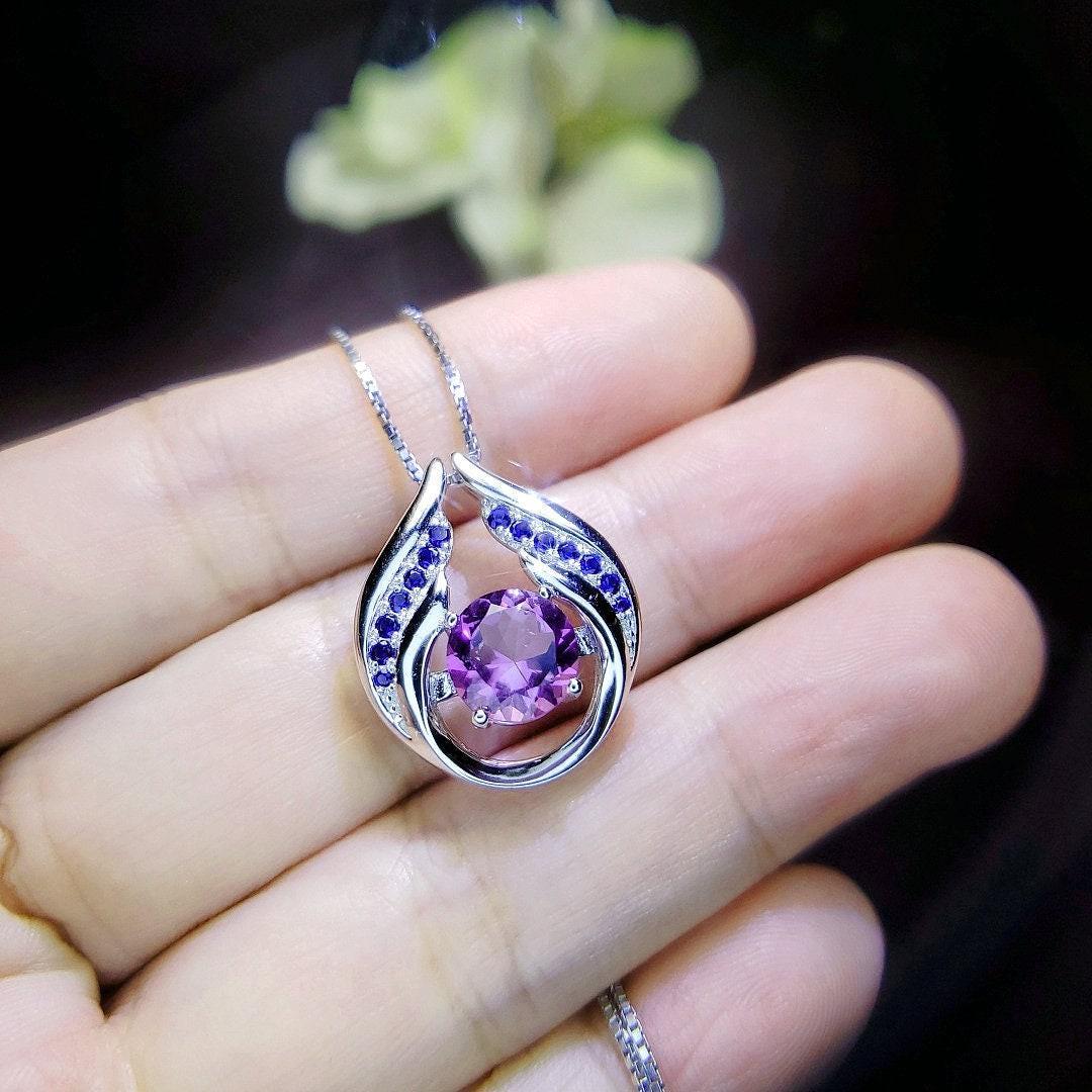 Genuine Amethyst Necklace - Hold Your Heart Pendant - 18KGP @ Sterling Silver - Blue Sapphire Style - Round Cut Natural Amethyst Pendant 700