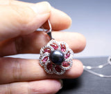 Black Pearl Necklace - Pink Tourmaline Pendant - Dainty Full Sterling Silver Natural South Sea Black Pearl - Single Pearl Necklace 1089