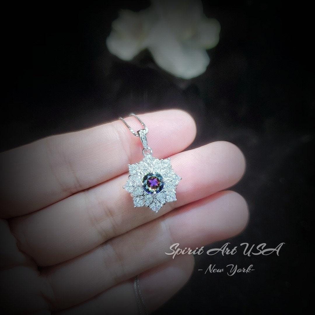 Mystic Topaz Necklace - Gemstone Snow Flower Pendant - Sterling Silver Round 6mm Mystic Topaz Pendant - 18KGP Double halo style #497