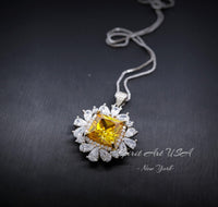 Yellow Moissanite Gemstone Necklace - Halo Square 7 CT Yellow Gemstone Pendant - November Birthstone-18KGP 925S #874