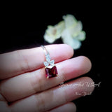 Pigeon Blood Ruby Necklace - Square Scisson Cut Red Ruby Pendant - 18KGP Sterling Silver Floral Design Three petal flower #412