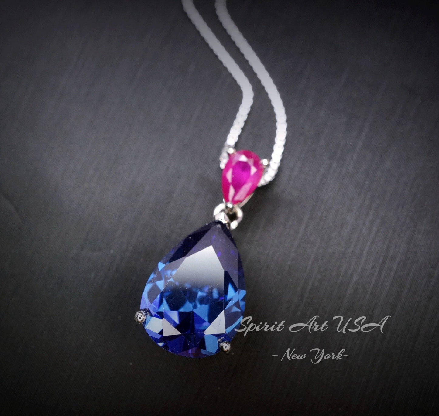 Large Teardrop Blue Sapphire Necklace - Pear Cut 7 CT Blue Sapphire Pendant 18KGP Sterling Silver - September Birthstone #858