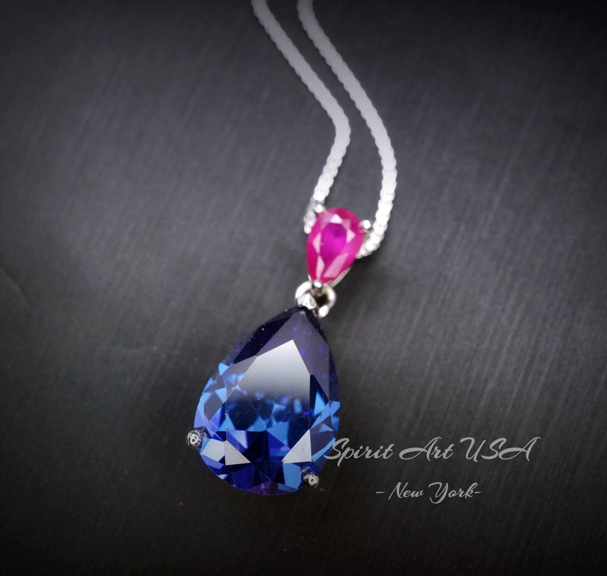 Large Teardrop Blue Sapphire Necklace - Pear Cut 7 CT Blue Sapphire Pendant 18KGP Sterling Silver - September Birthstone #858