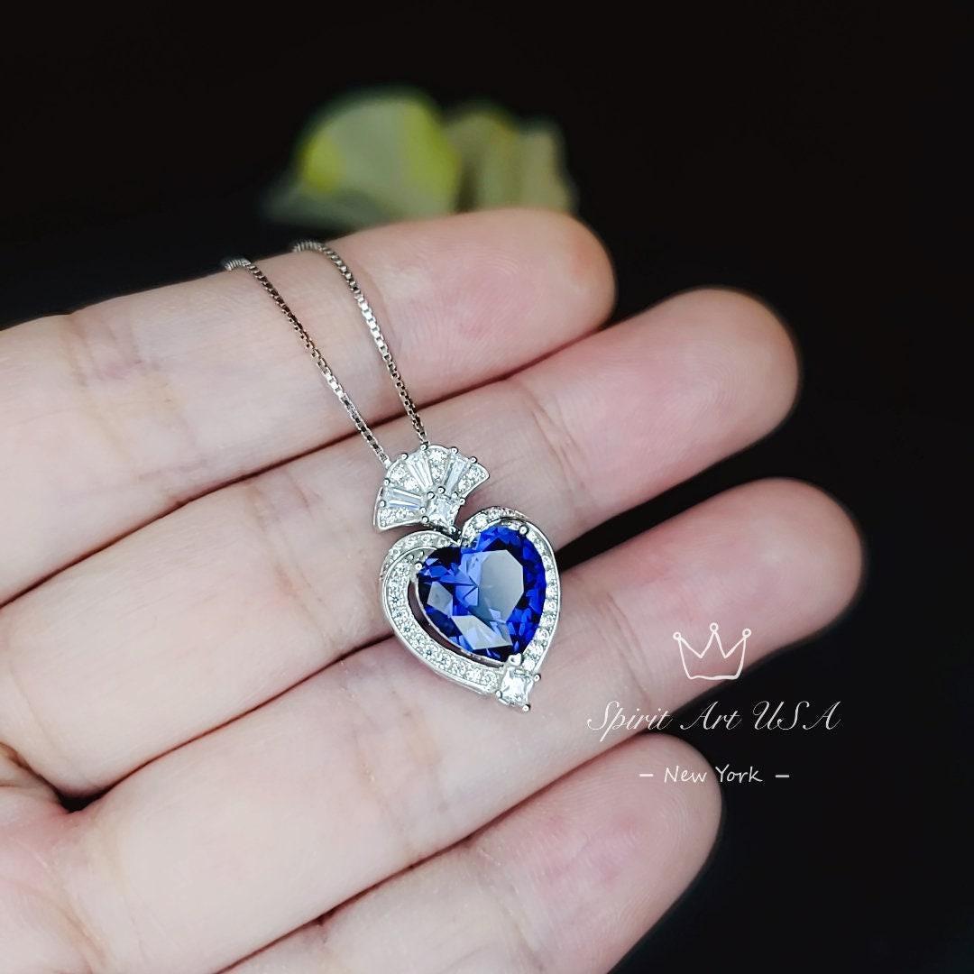 Tanzanite Necklace - White gold coated Sterling Silver - 4 CT Deep blue heart of the ocean Pendant - Lab Created Tanzanite Jewelry #573