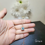 Round Aquamarine Necklace - Rose Gold Square Blue Stone Pendant - Solitaire 8 mm Blue Aquamarine Jewelry #140