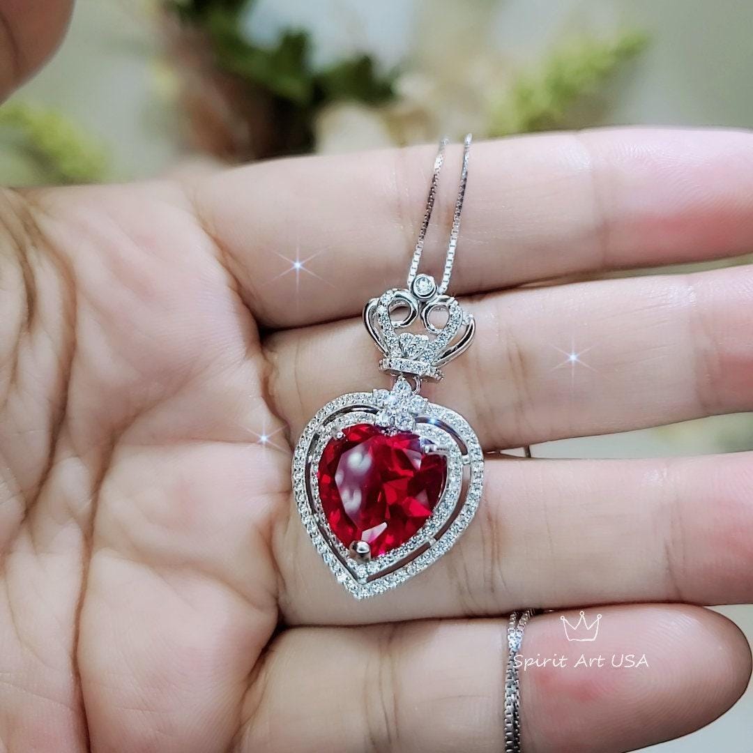 Large Halo Heart Ruby Necklace, Large Sterling Silver Royal Crown 7 CT Lab Created Red Ruby Pendant #811