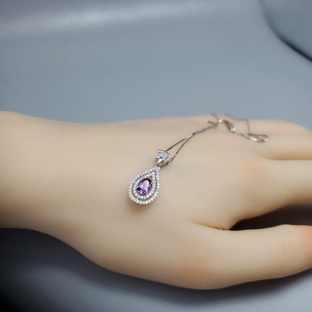 Tiny Natural Amethyst Necklace Sterling Silver Teardrop Halo Genuine Amethyst Jewelry #431