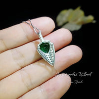 Large Trillion Cut Emerald Necklace - 18KGP Sterling Silver - Protective Queen's Guard Sword - May Birthstone #763