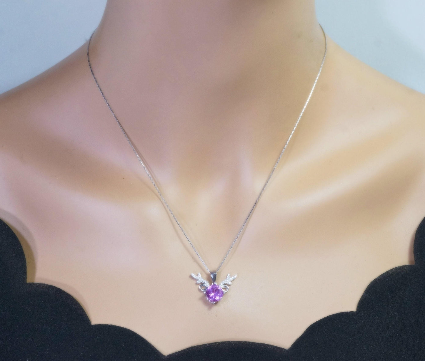 Deer Antler Pink Tourmaline Necklace - Sterling Silver 8mm Round Cut 2 Ct Pink Tourmaline Pendant #346