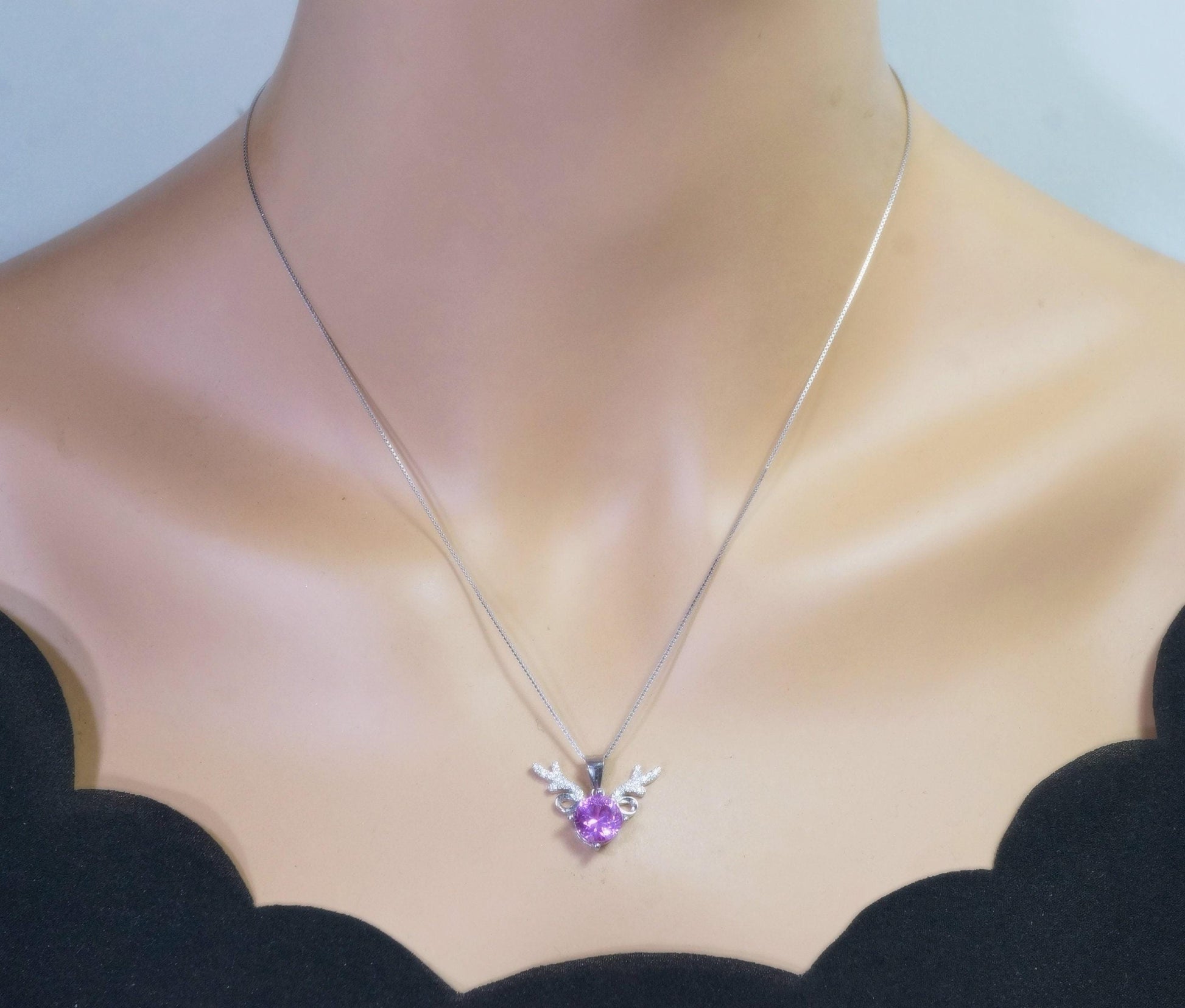 Deer Antler Pink Tourmaline Necklace - Sterling Silver 8mm Round Cut 2 Ct Pink Tourmaline Pendant #346