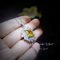 Yellow Moissanite Gemstone Necklace - Halo Square 7 CT Yellow Gemstone Pendant - November Birthstone-18KGP 925S #874