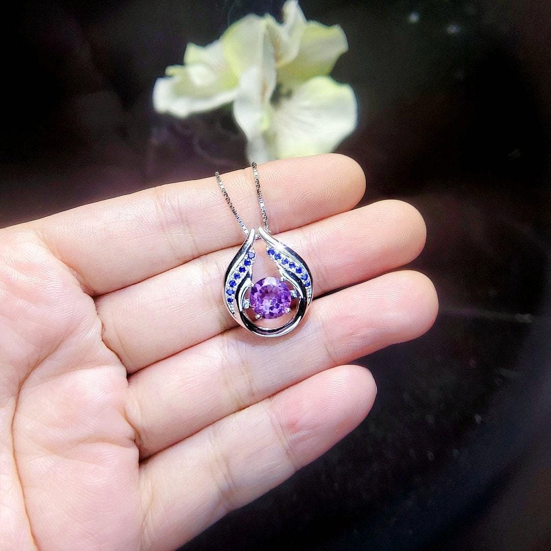 Genuine Amethyst Necklace - Hold Your Heart Pendant - 18KGP @ Sterling Silver - Blue Sapphire Style - Round Cut Natural Amethyst Pendant 700