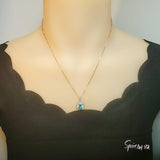 Round Aquamarine Necklace - Rose Gold Square Blue Stone Pendant - Solitaire 8 mm Blue Aquamarine Jewelry #140