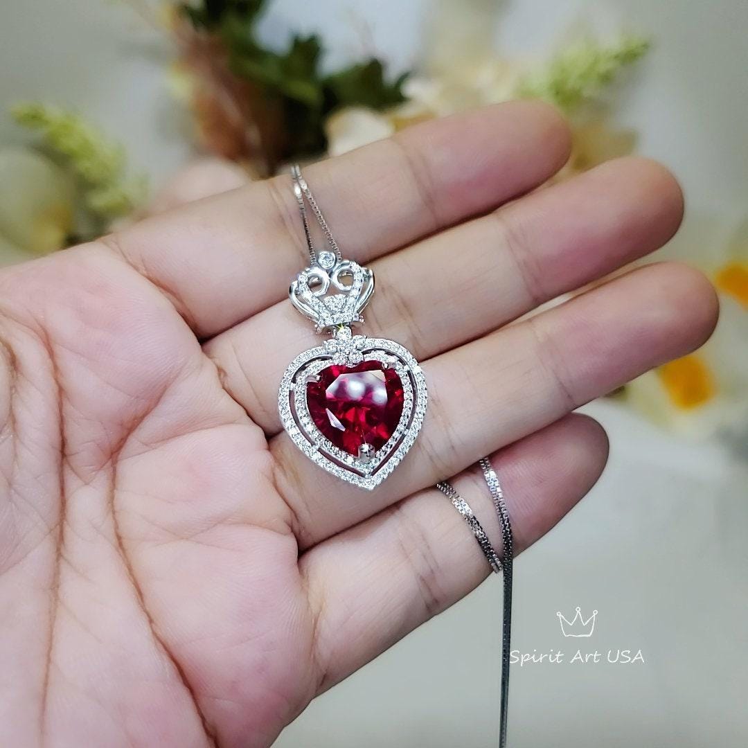 Large Halo Heart Ruby Necklace, Large Sterling Silver Royal Crown 7 CT Lab Created Red Ruby Pendant #811
