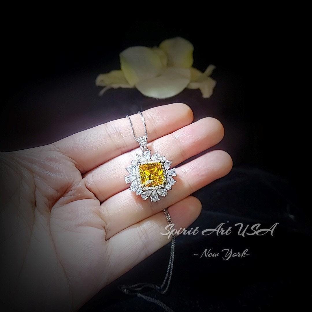 Yellow Moissanite Gemstone Necklace - Halo Square 7 CT Yellow Gemstone Pendant - November Birthstone-18KGP 925S #874