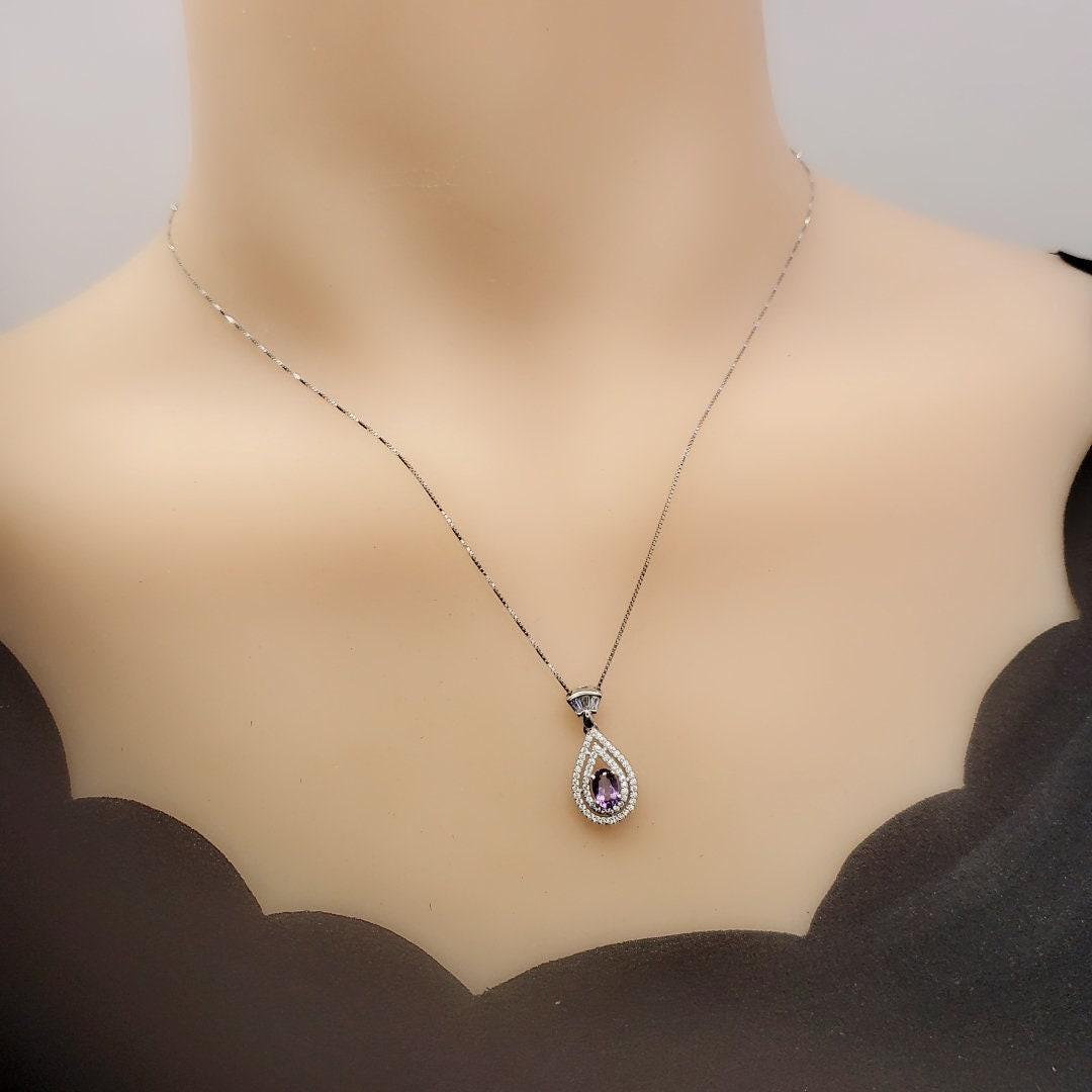 Tiny Natural Amethyst Necklace Sterling Silver Teardrop Halo Genuine Amethyst Jewelry #431