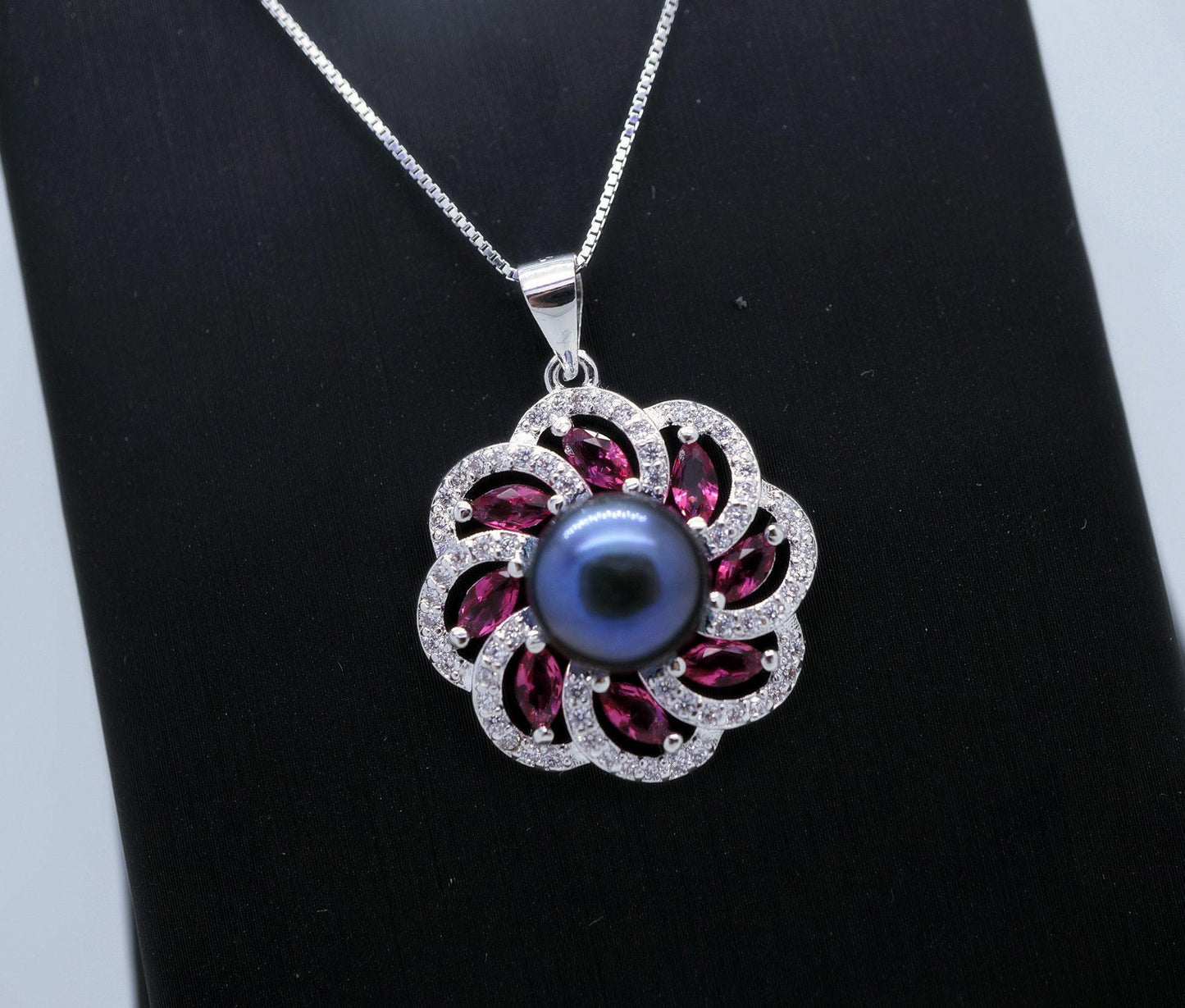 Black Pearl Necklace - Pink Tourmaline Pendant - Dainty Full Sterling Silver Natural South Sea Black Pearl - Single Pearl Necklace 1089