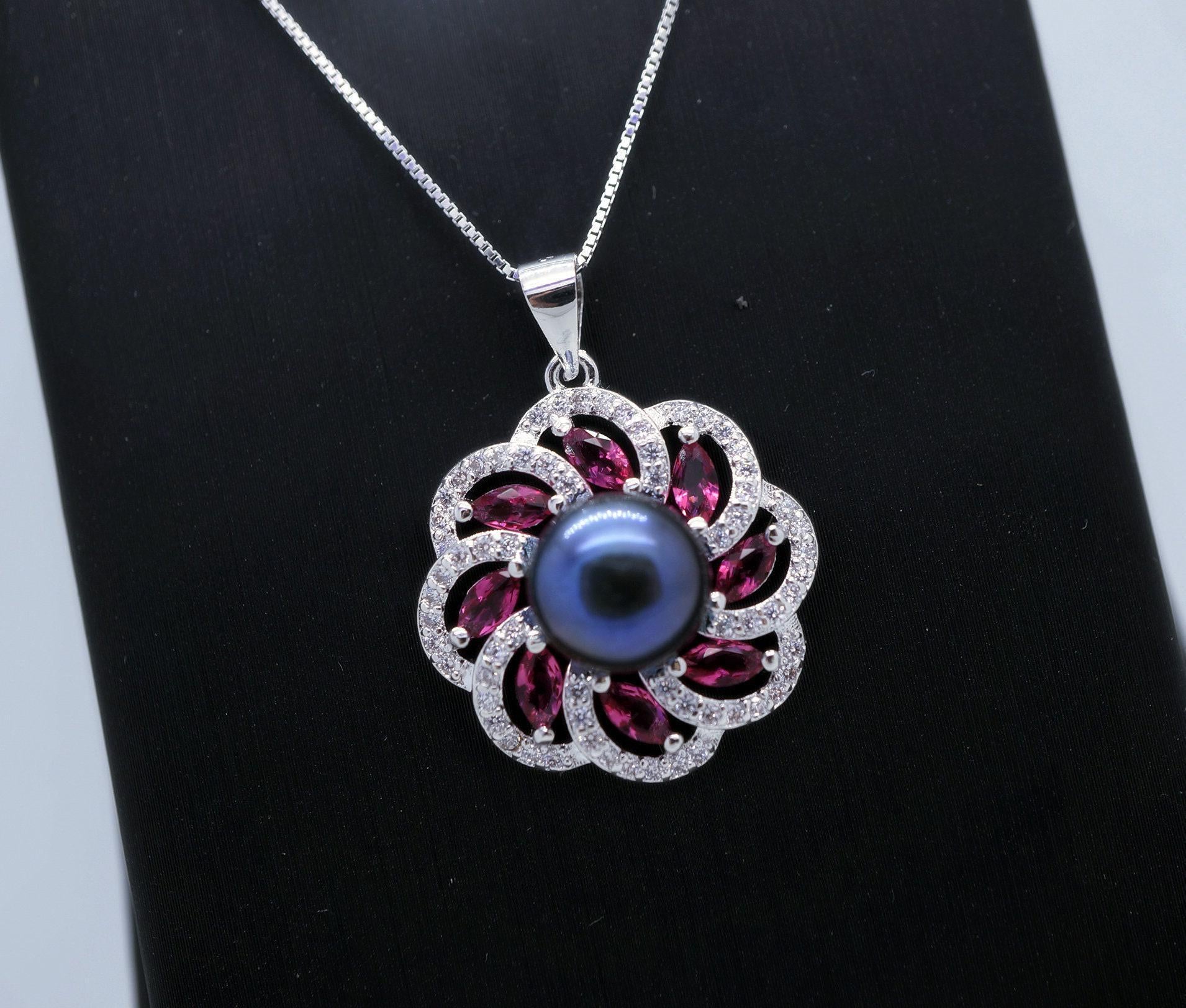 Black Pearl Necklace - Pink Tourmaline Pendant - Dainty Full Sterling Silver Natural South Sea Black Pearl - Single Pearl Necklace 1089
