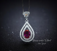 Ruby Necklace - Dainty Teardrop 925 Sterling Silver Ruby Jewelry - Tiny Halo Double Gemstone circle Red Gemstone Pendant #250