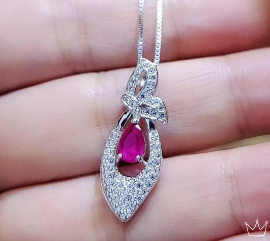 Super Tiny Ruby Necklace - Sterling Silver Diamond Leaf Butterfly Pendant - White Gold 18KGP July Birthstone -Teardrop Red Ruby Jewelry #319