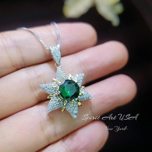 Diamond Star Emerald Necklace - 18KGP Sterling Silver - Luxury 6 Point Star Pendant Green Emerald Jewelry - Hexagram Celestial Art Deco 1121