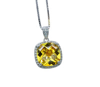 Large Square Yellow Gemstone Necklace -Cushion 5 CT Yellow Moissanite Gemstone Pendant White Gold Sterling Silver #443