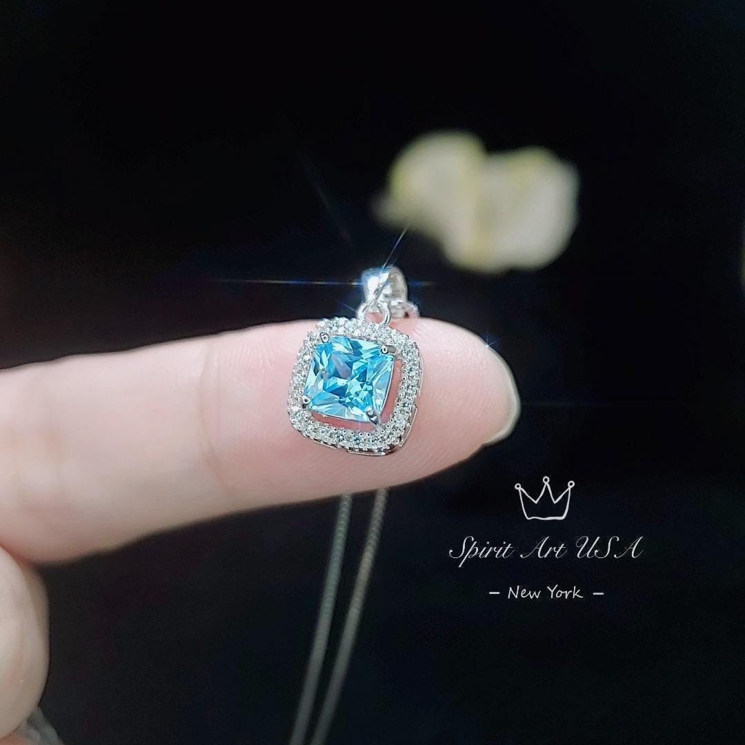 Square Aquamarine Pendant - Full 925 Sterling Silver Tiny Asscher Aquamarine Necklace 045