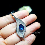Gemstone Leaf Blue Sapphire Necklace White Gold coated Full Sterling Silver - Large Single 3 CT Teardrop Blue Sapphire Gemstone Jewelry #907