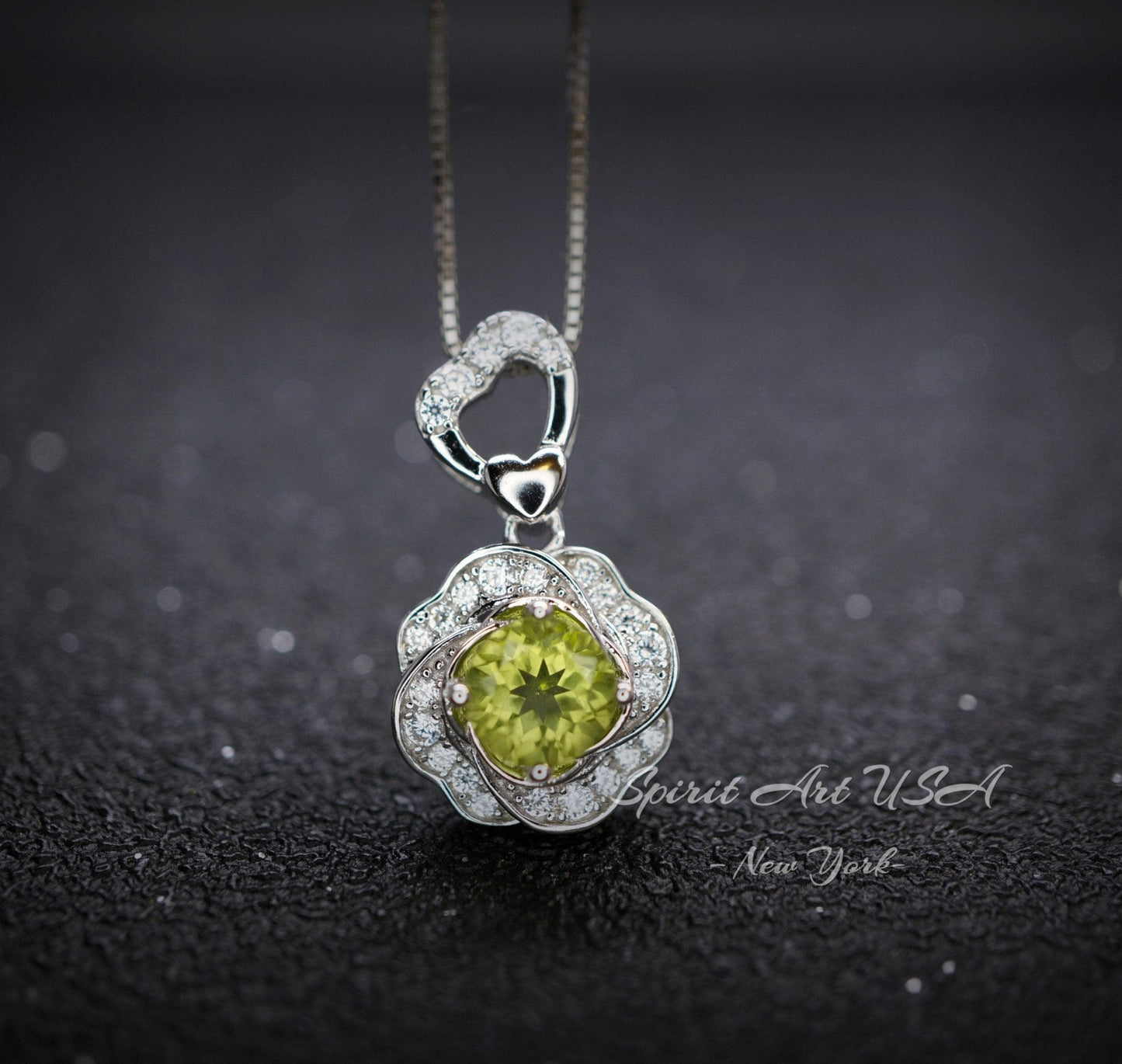 Genuine Peridot Necklace - Green Peridot Rose Flower Style - 18kgp Sterling Silver - Dainty Natural Green Peridot Pendant #454