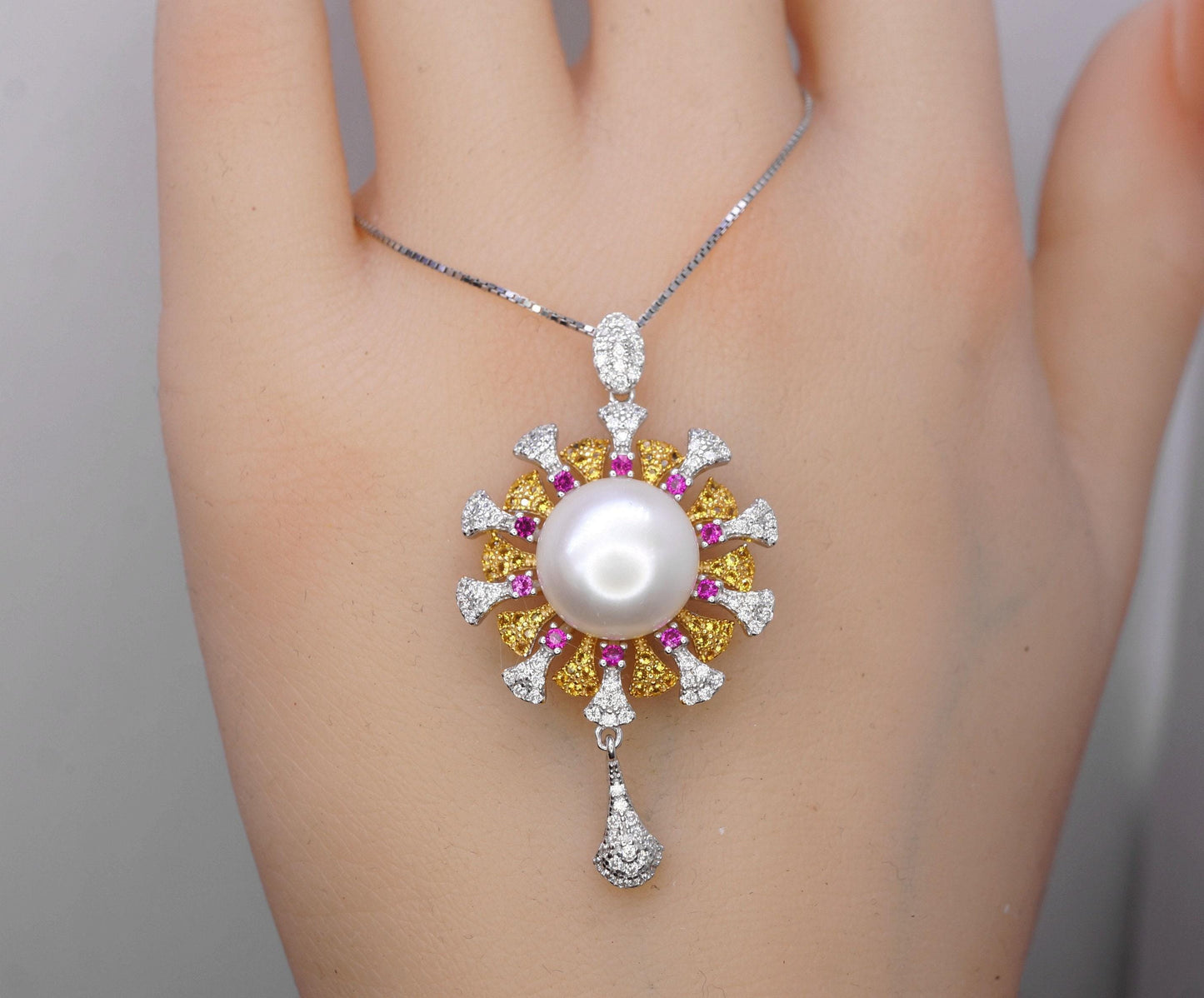 Natural Large White Pearl Necklace, 18KGP @ Sterling Silver - Sunflower Sun Sunshine Style Fresh water Pearl Jewelry #640