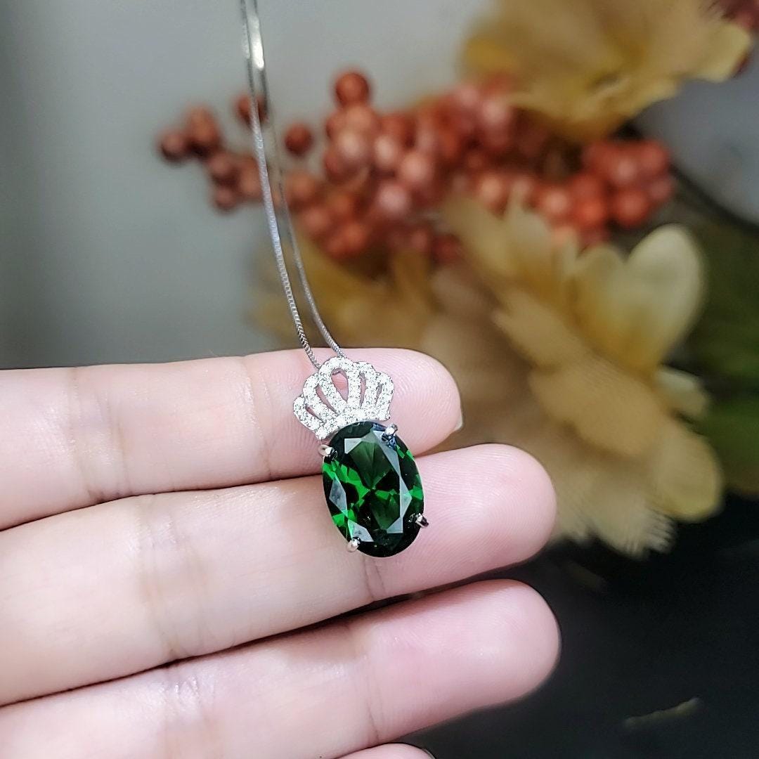 Large Emerald Necklace - 18KGP @ Sterling Silver - Royal Crown Necklace - Lab Created Green Emerald Pendant #785