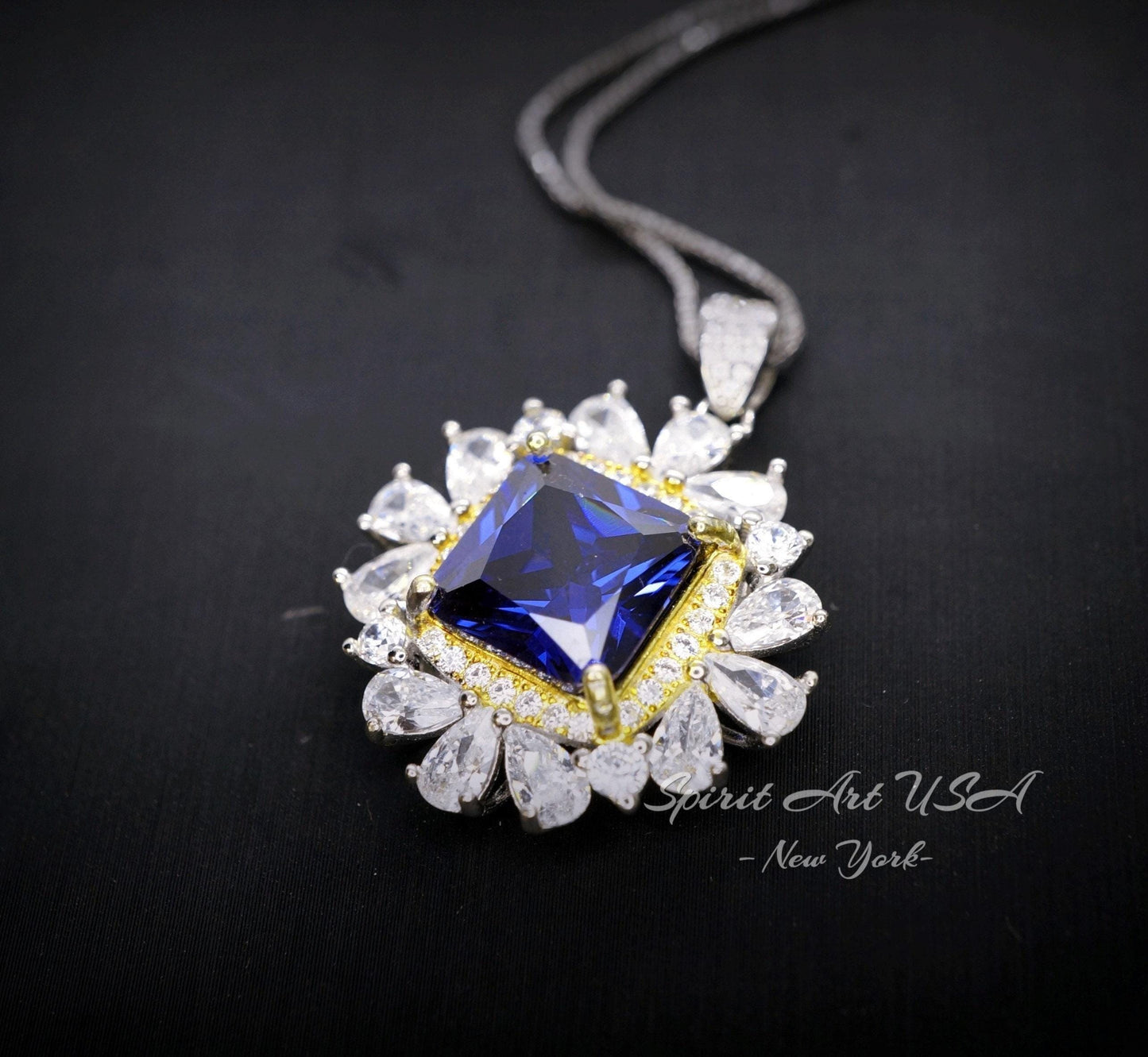 Large Square Tanzanite Necklace - Gemstone Halo Square Sterling Silver 18KGP - 7 CT 10 MM Lab Created Tanzanite Jewelry #810