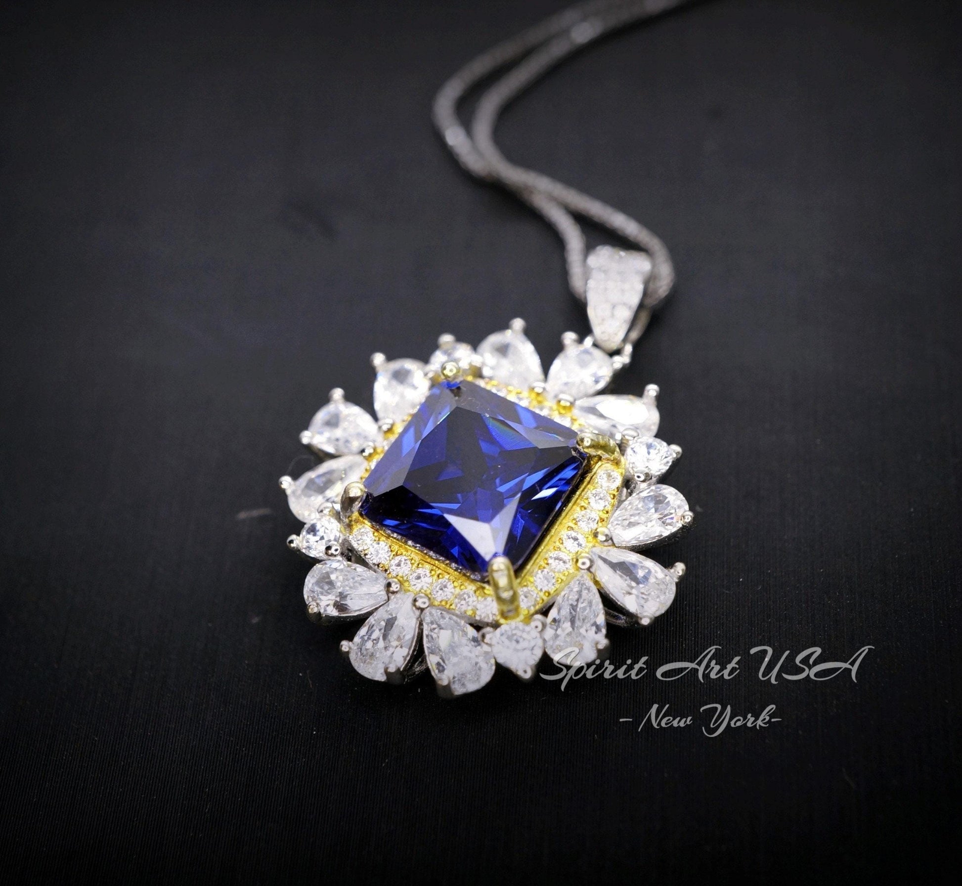 Large Square Tanzanite Necklace - Gemstone Halo Square Sterling Silver 18KGP - 7 CT 10 MM Lab Created Tanzanite Jewelry #810