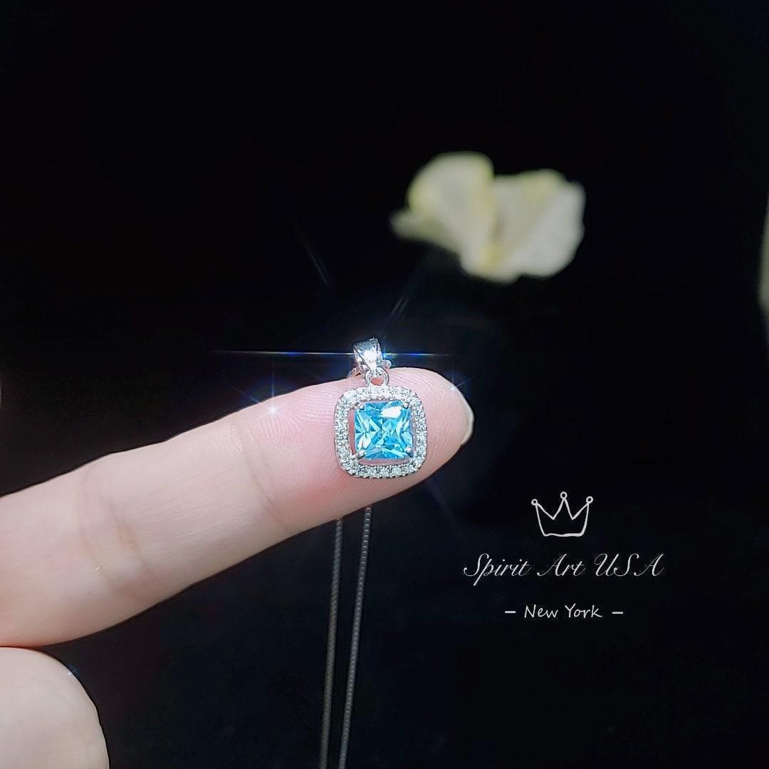 Square Aquamarine Pendant - Full 925 Sterling Silver Tiny Asscher Aquamarine Necklace 045