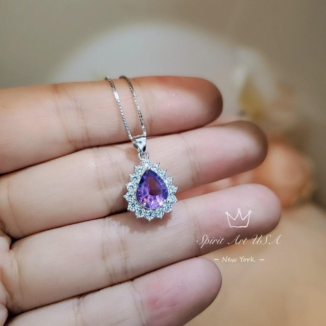 Tiny Genuine Amethyst Necklace - Sterling Silver Teardrop Gemstone 1.2 CT Amethyst Pendant February Birthstone - Halo Jewelry #357