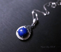 Lapis Lazuli Necklace - 18KGP @ Sterling Silver The Sacred Fire Flame Necklace Dainty Natural Blue Lapis Pendant - Round Halo Solitaire #343