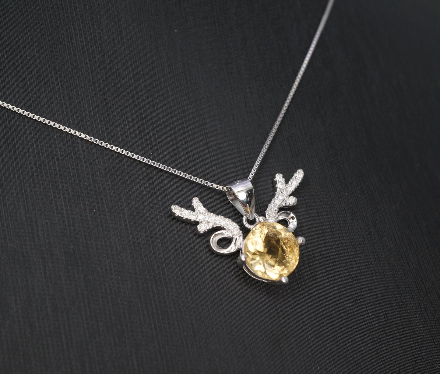Sterling Silver Round Citrine Necklace - Deer Antler Pendant - November Birthstone - Angel Wing Round Cut 2 CT Natural Citrine Jewelry #372