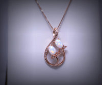 Opal Necklace - 18kGP @ Sterling Silver - Rose Gold - Created White Opal Necklace - Double Oval Opal Leaf Style #127