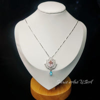 Pink Morganite Necklace Gemstone Lotus Flower Pendant Full Sterling Silver White Gold coated Teardrop Halo Large Pink Gemstone 3 CT #920