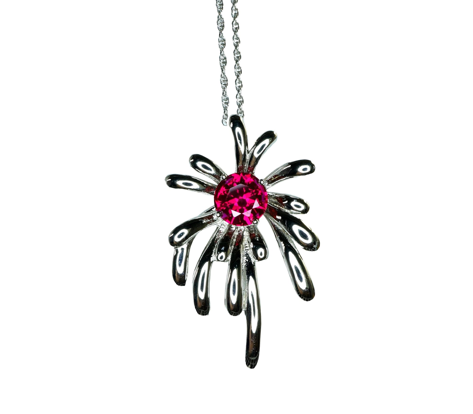 Sterling Silver Firework Ruby Necklace - Firework Necklace - White Gold Plated - July Birthstone - Ruby Jewelry #789