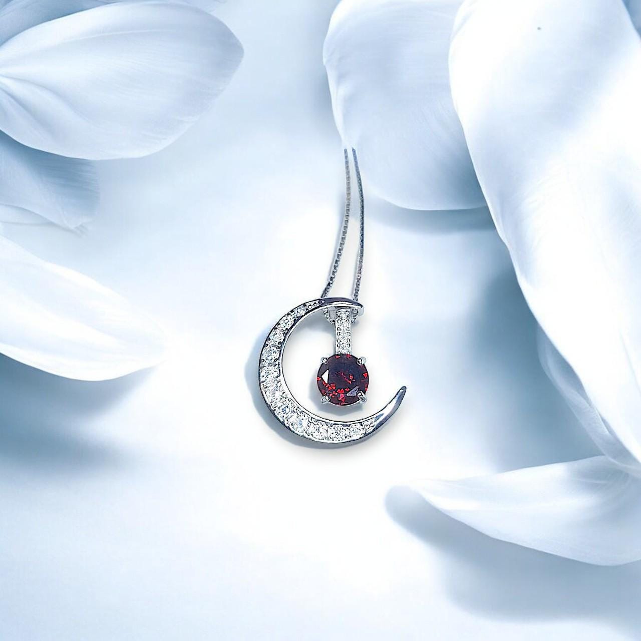 Crescent Moon red garnet Necklace full 925 Sterling Silver Two Pendant One Necklace January Birthstone chain #1122