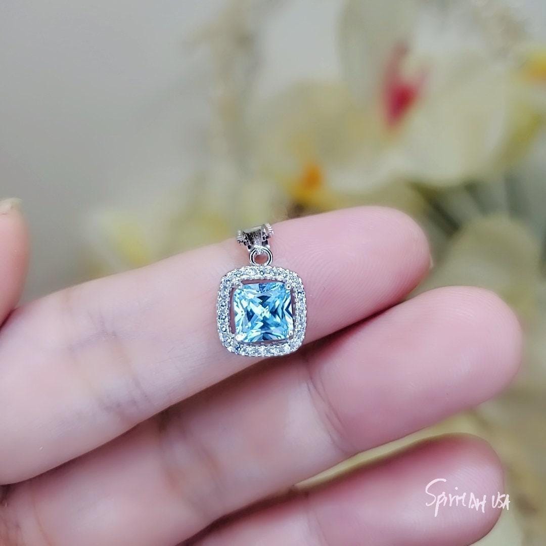 Square Aquamarine Pendant - Full 925 Sterling Silver Tiny Asscher Aquamarine Necklace 045
