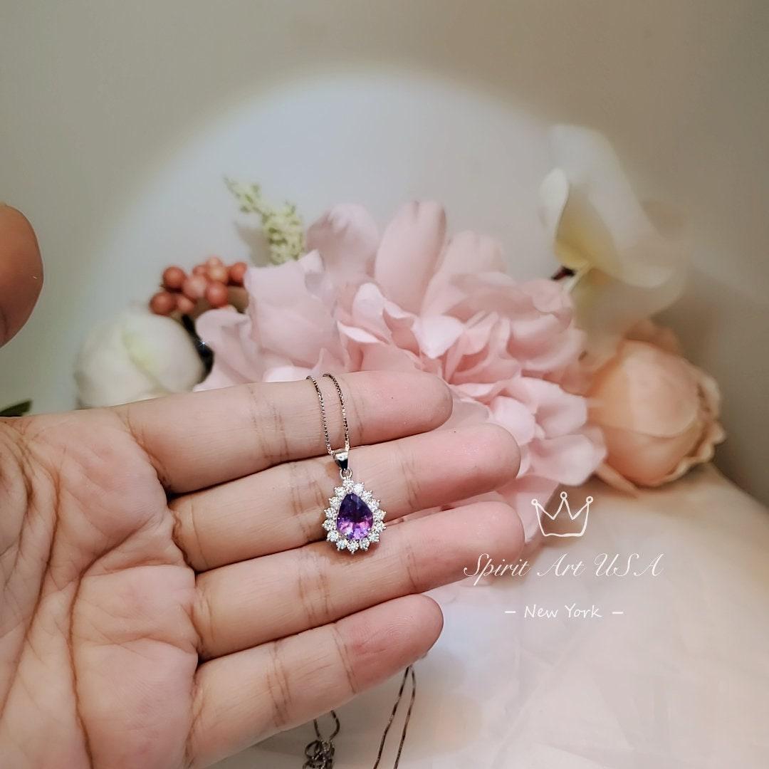 Tiny Genuine Amethyst Necklace - Sterling Silver Teardrop Gemstone 1.2 CT Amethyst Pendant February Birthstone - Halo Jewelry #357