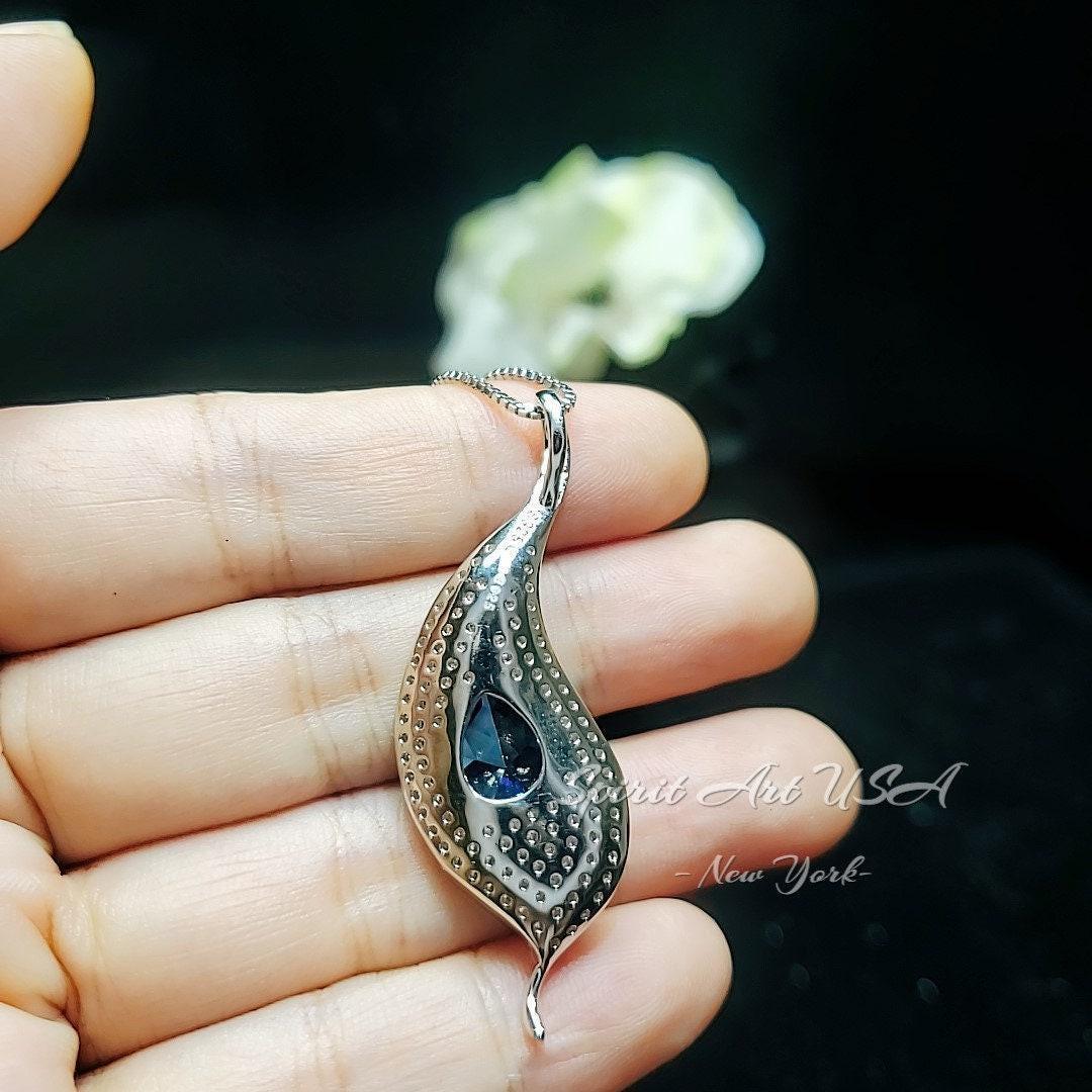 Gemstone Leaf Blue Sapphire Necklace White Gold coated Full Sterling Silver - Large Single 3 CT Teardrop Blue Sapphire Gemstone Jewelry #907