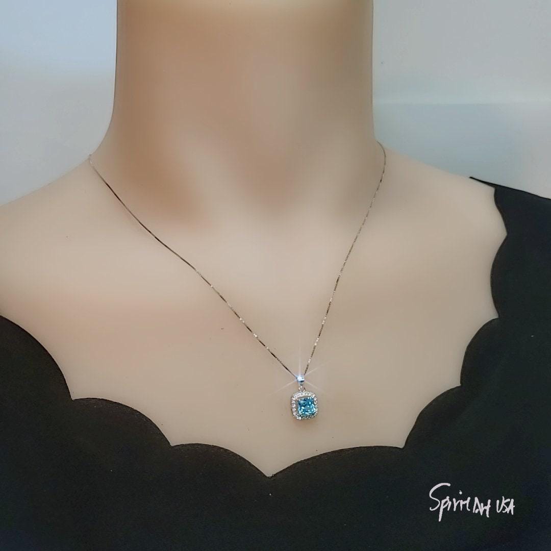 Square Aquamarine Pendant - Full 925 Sterling Silver Tiny Asscher Aquamarine Necklace 045