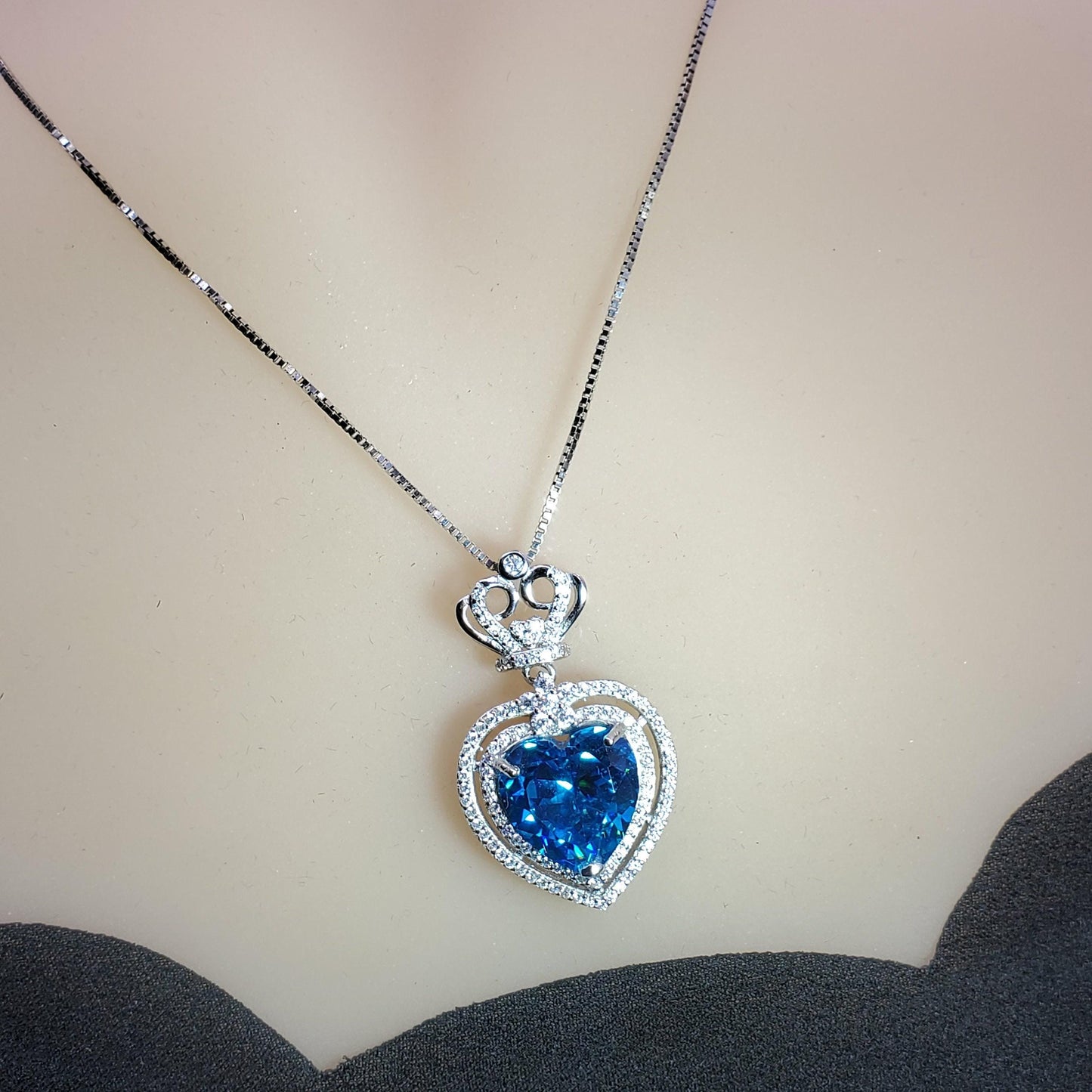 Large Blue Topaz Heart Necklace Full Sterling Silver Ocean Heart of the Ocean My Heart Will Go ON Topaz Pendant 1101