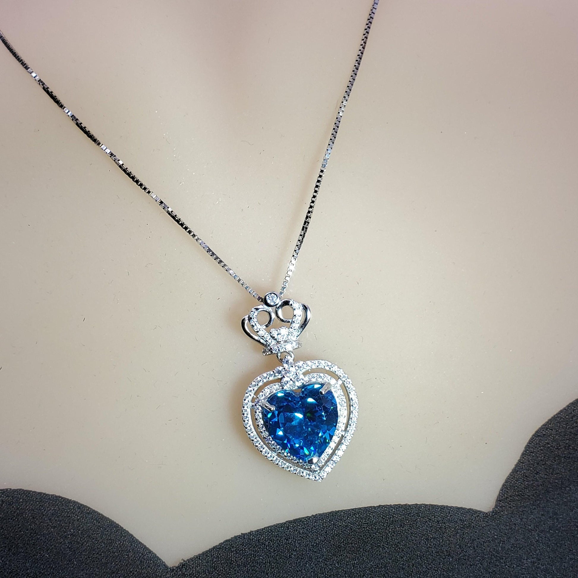 Large Blue Topaz Heart Necklace Full Sterling Silver Ocean Heart of the Ocean My Heart Will Go ON Topaz Pendant 1101