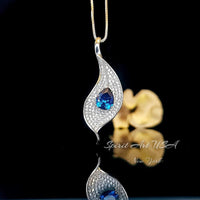 Gemstone Leaf Blue Sapphire Necklace White Gold coated Full Sterling Silver - Large Single 3 CT Teardrop Blue Sapphire Gemstone Jewelry #907
